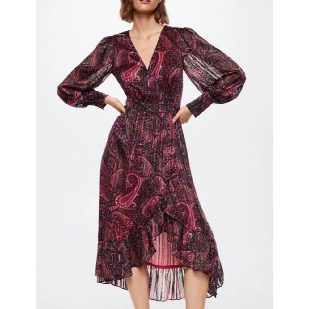 Mango Paisley Wrap Midi Dress Womens 4 Black Pink Metallic Ruffle Long Slee